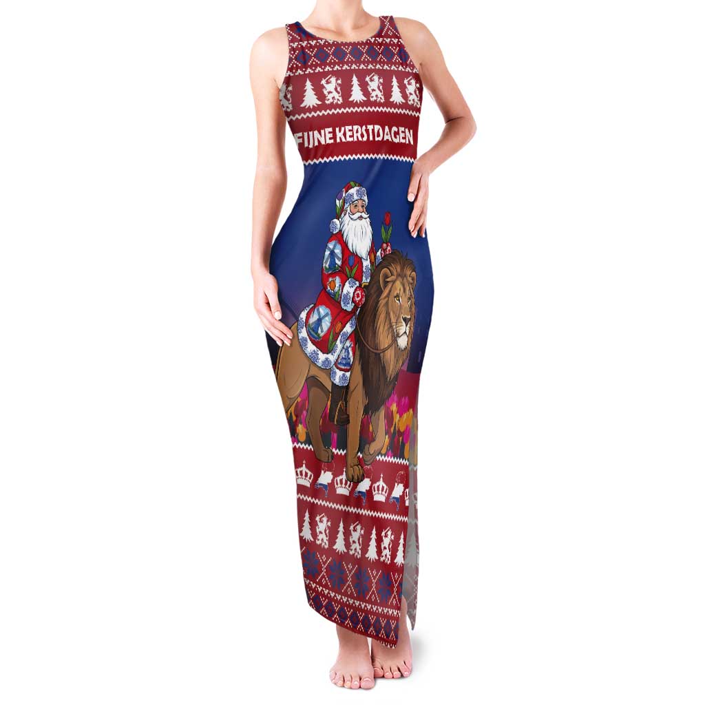 Netherlands Christmas Personalized Tank Maxi Dress Santa Riding Lion Fijne Kerstdagen - Wonder Print Shop