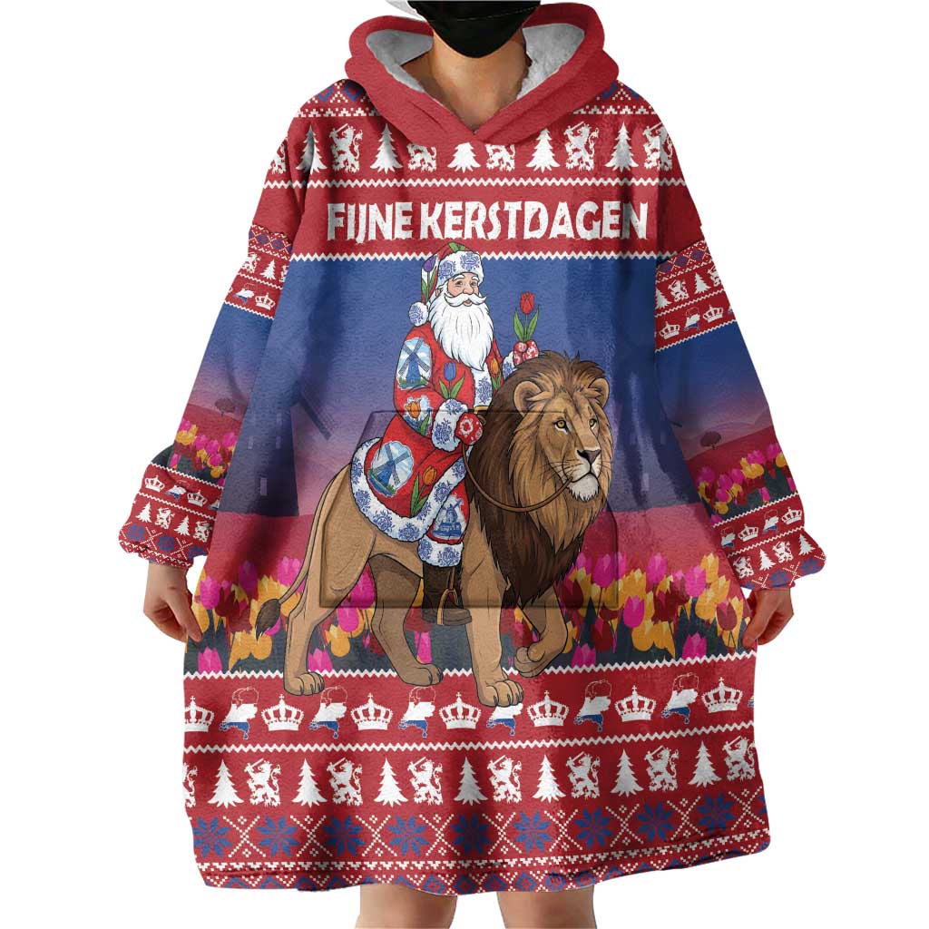 Netherlands Christmas Personalized Wearable Blanket Hoodie Santa Riding Lion Fijne Kerstdagen - Wonder Print Shop