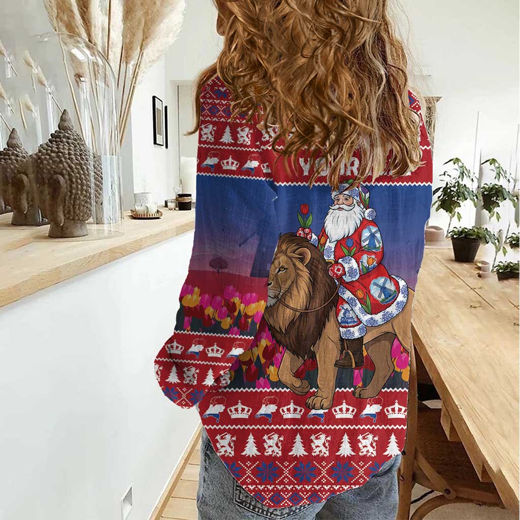 Netherlands Christmas Personalized Women Casual Shirt Santa Riding Lion Fijne Kerstdagen - Wonder Print Shop