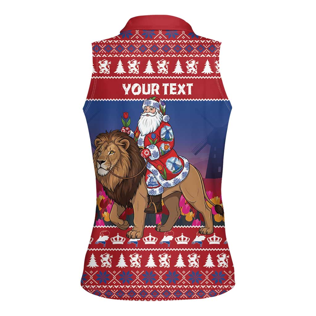 Netherlands Christmas Personalized Women Sleeveless Polo Shirt Santa Riding Lion Fijne Kerstdagen - Wonder Print Shop