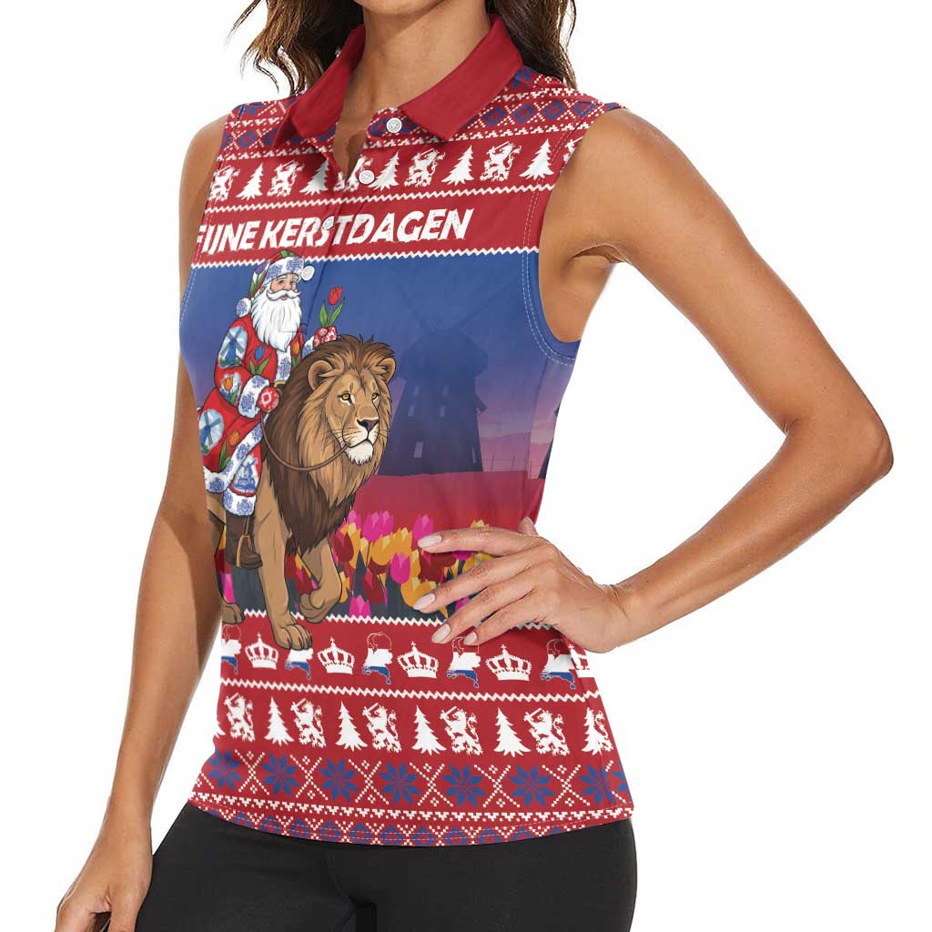 Netherlands Christmas Personalized Women Sleeveless Polo Shirt Santa Riding Lion Fijne Kerstdagen - Wonder Print Shop
