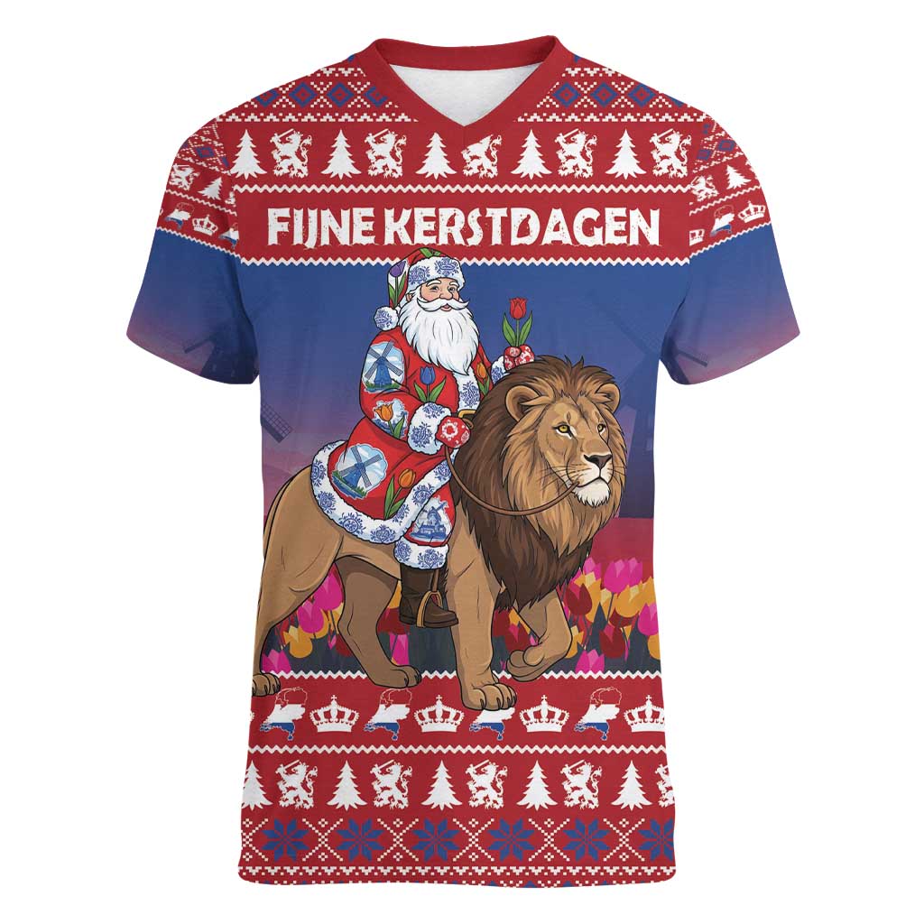 Netherlands Christmas Personalized Women V-Neck T-Shirt Santa Riding Lion Fijne Kerstdagen - Wonder Print Shop