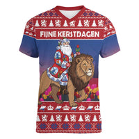 Netherlands Christmas Personalized Women V-Neck T-Shirt Santa Riding Lion Fijne Kerstdagen - Wonder Print Shop