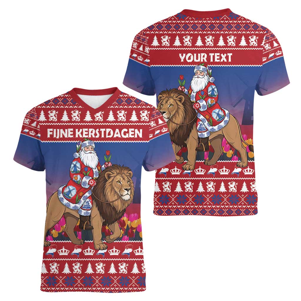 Netherlands Christmas Personalized Women V-Neck T-Shirt Santa Riding Lion Fijne Kerstdagen - Wonder Print Shop