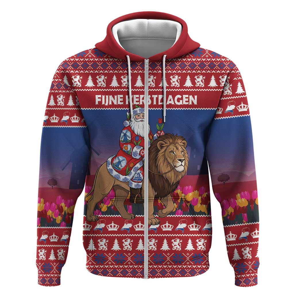 Netherlands Christmas Personalized Zip Hoodie Santa Riding Lion Fijne Kerstdagen - Wonder Print Shop