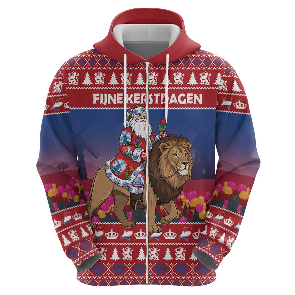 Netherlands Christmas Personalized Zip Hoodie Santa Riding Lion Fijne Kerstdagen - Wonder Print Shop