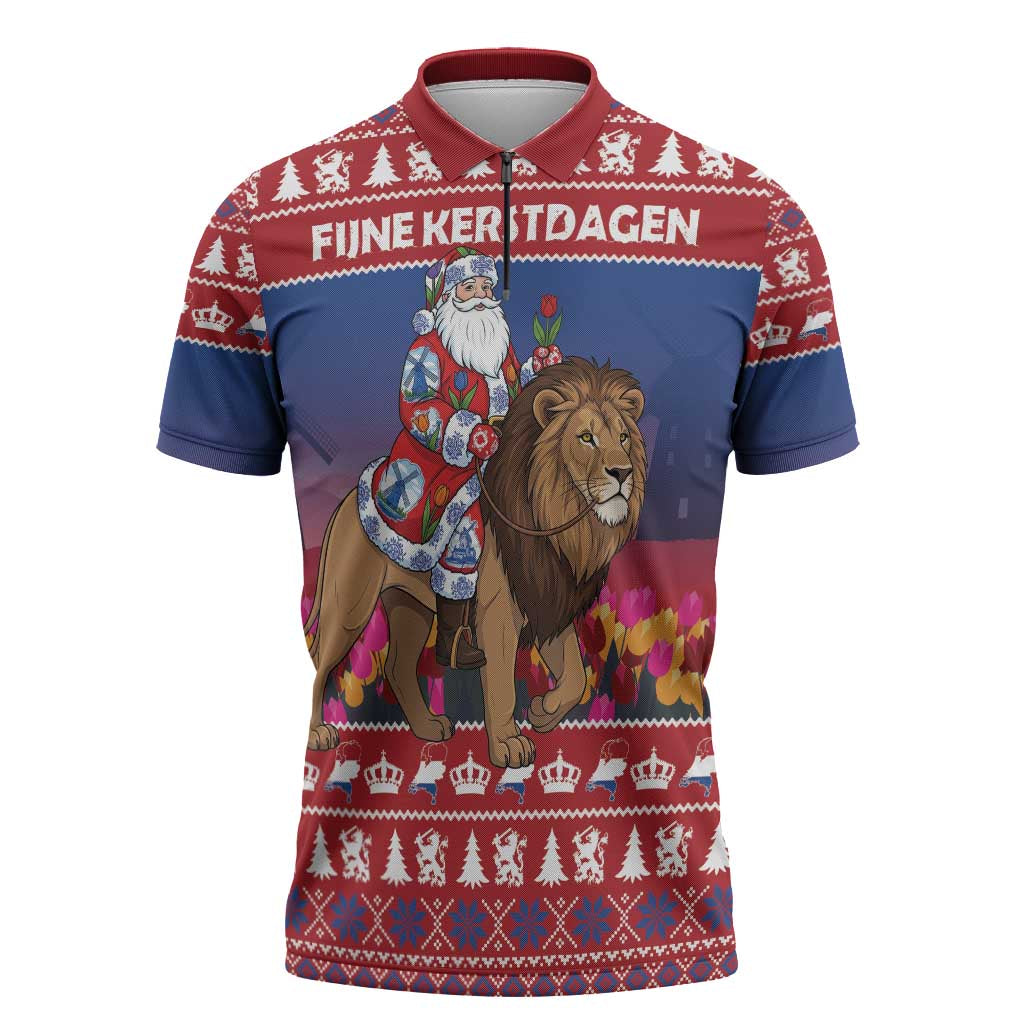 Netherlands Christmas Personalized Zipper Polo Shirt Santa Riding Lion Fijne Kerstdagen - Wonder Print Shop