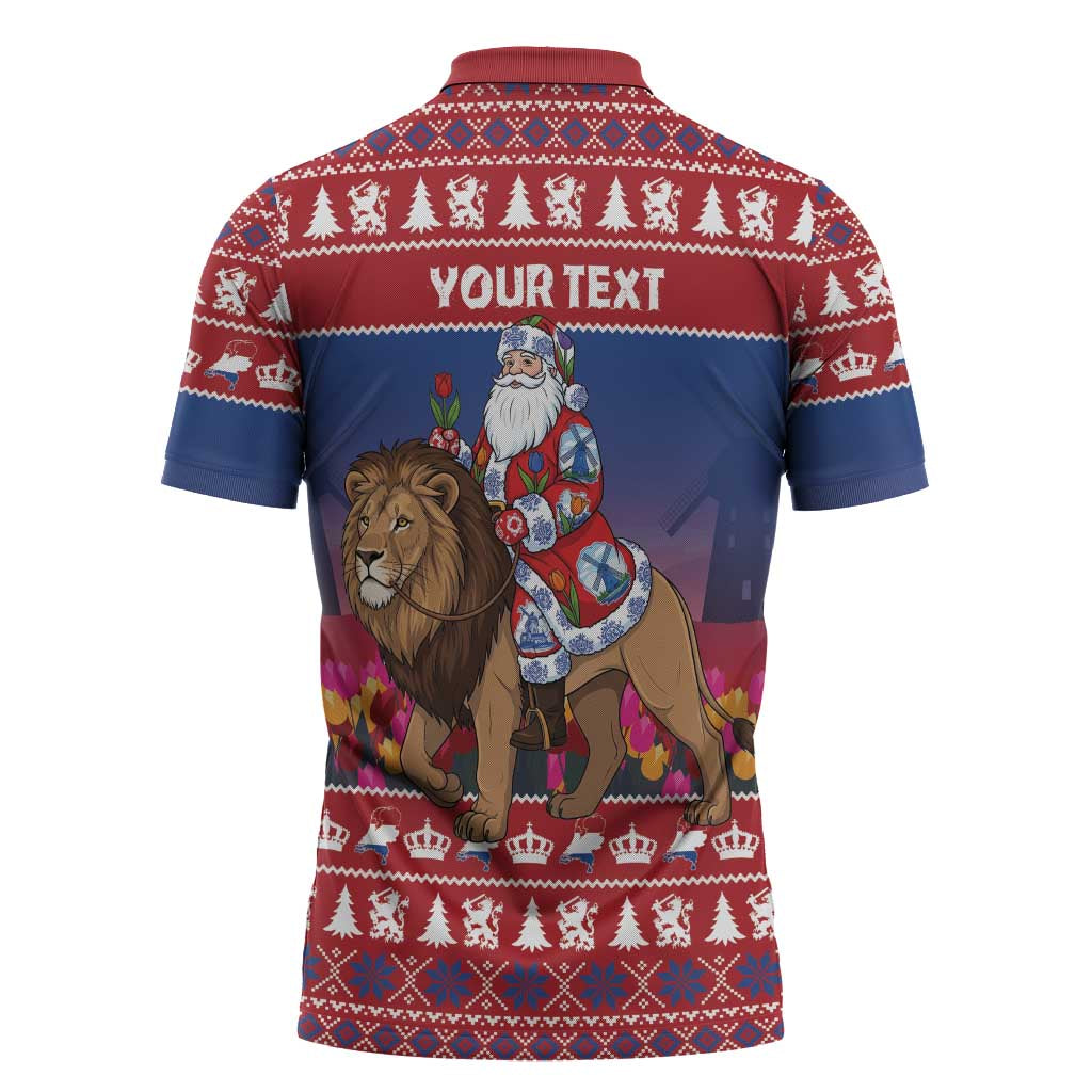 Netherlands Christmas Personalized Zipper Polo Shirt Santa Riding Lion Fijne Kerstdagen - Wonder Print Shop