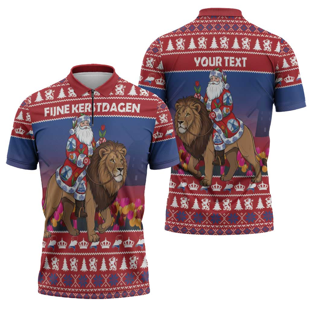 Netherlands Christmas Personalized Zipper Polo Shirt Santa Riding Lion Fijne Kerstdagen - Wonder Print Shop