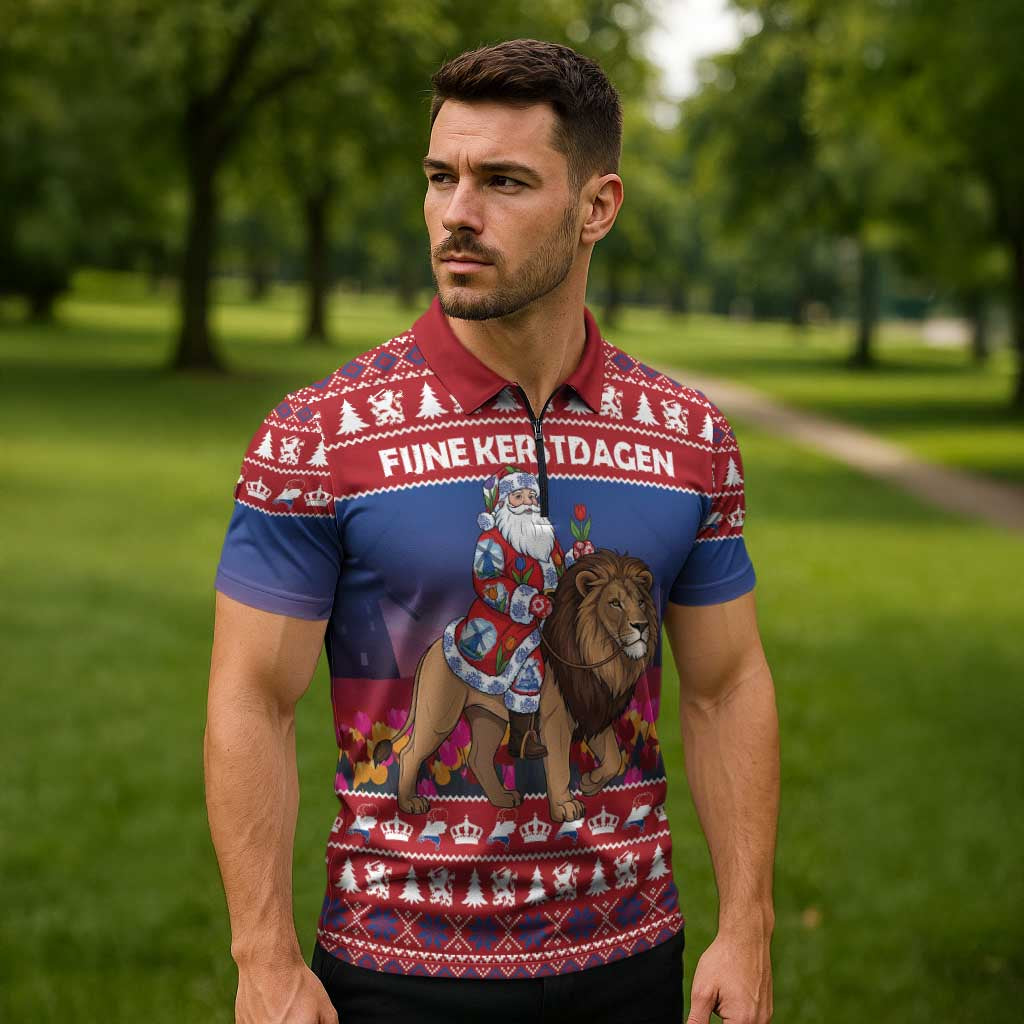 Netherlands Christmas Personalized Zipper Polo Shirt Santa Riding Lion Fijne Kerstdagen - Wonder Print Shop