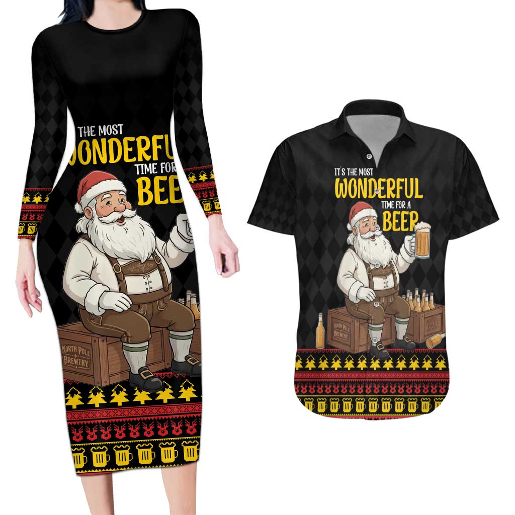 Funny Santa Claus Couples Matching Long Sleeve Bodycon Dress and Hawaiian Shirt It's The Most Wonderful Time For A Beer - Wonder Print Shop