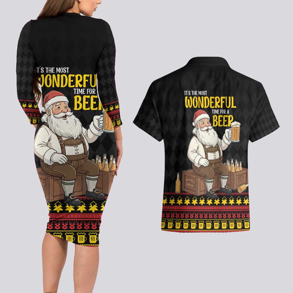 Funny Santa Claus Couples Matching Long Sleeve Bodycon Dress and Hawaiian Shirt It's The Most Wonderful Time For A Beer - Wonder Print Shop