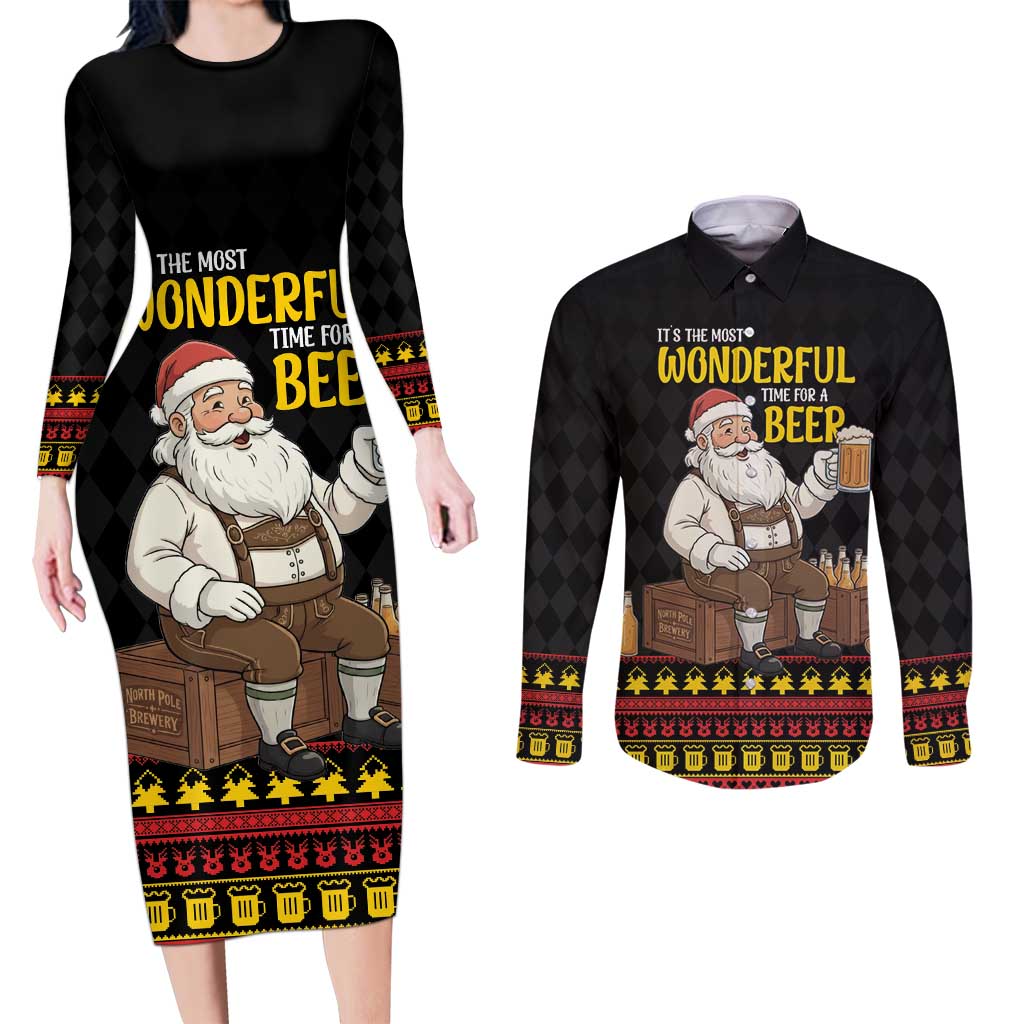 Funny Santa Claus Couples Matching Long Sleeve Bodycon Dress and Long Sleeve Button Shirt It's The Most Wonderful Time For A Beer - Wonder Print Shop