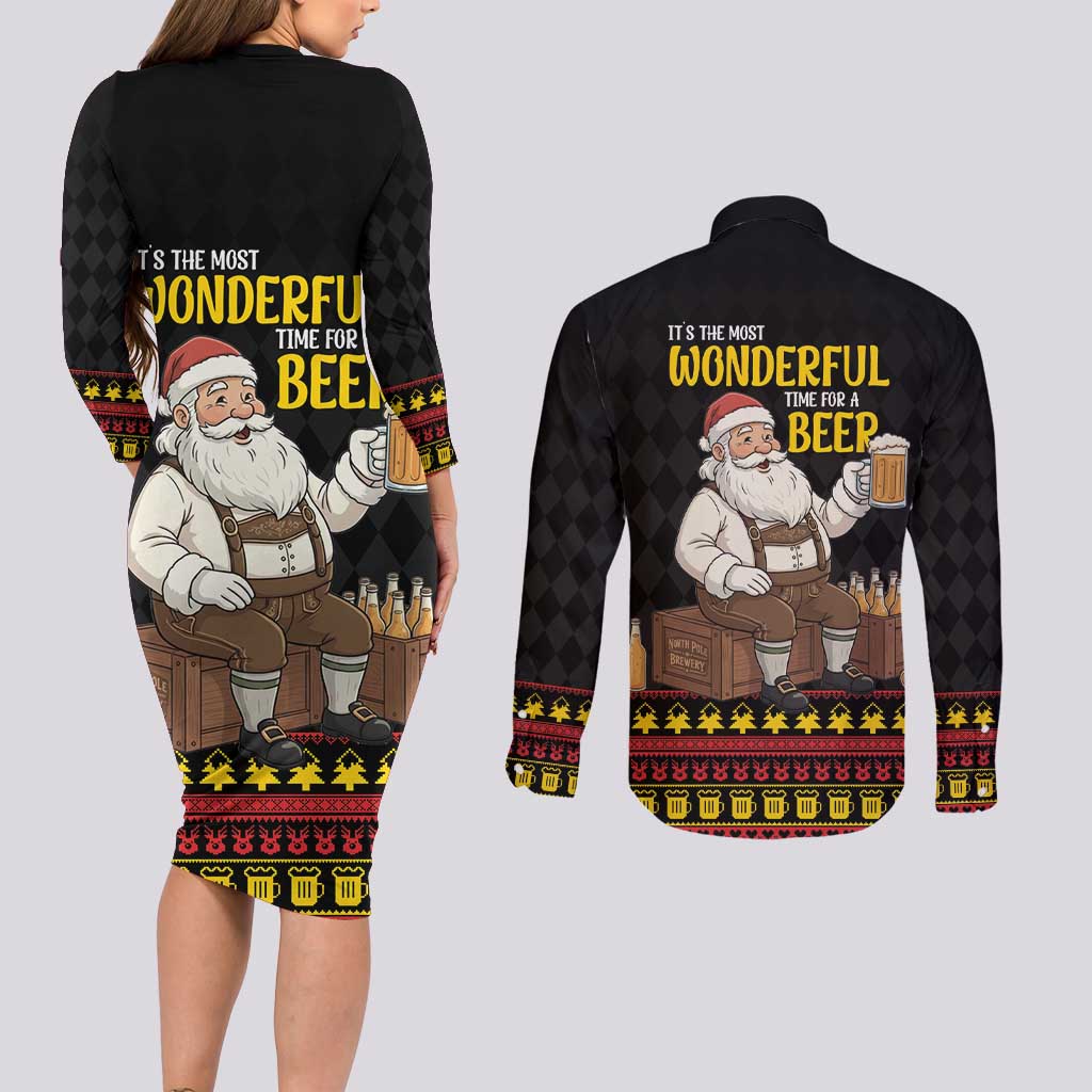 Funny Santa Claus Couples Matching Long Sleeve Bodycon Dress and Long Sleeve Button Shirt It's The Most Wonderful Time For A Beer - Wonder Print Shop