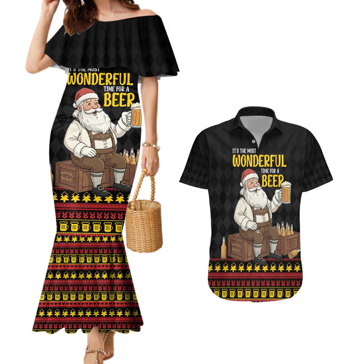 Funny Santa Claus Couples Matching Mermaid Dress and Hawaiian Shirt It's The Most Wonderful Time For A Beer - Wonder Print Shop