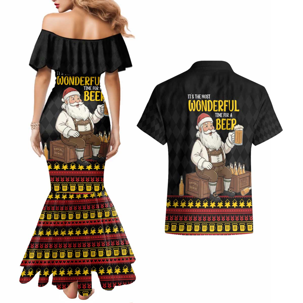Funny Santa Claus Couples Matching Mermaid Dress and Hawaiian Shirt It's The Most Wonderful Time For A Beer - Wonder Print Shop