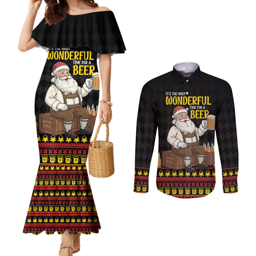 Funny Santa Claus Couples Matching Mermaid Dress and Long Sleeve Button Shirt It's The Most Wonderful Time For A Beer - Wonder Print Shop