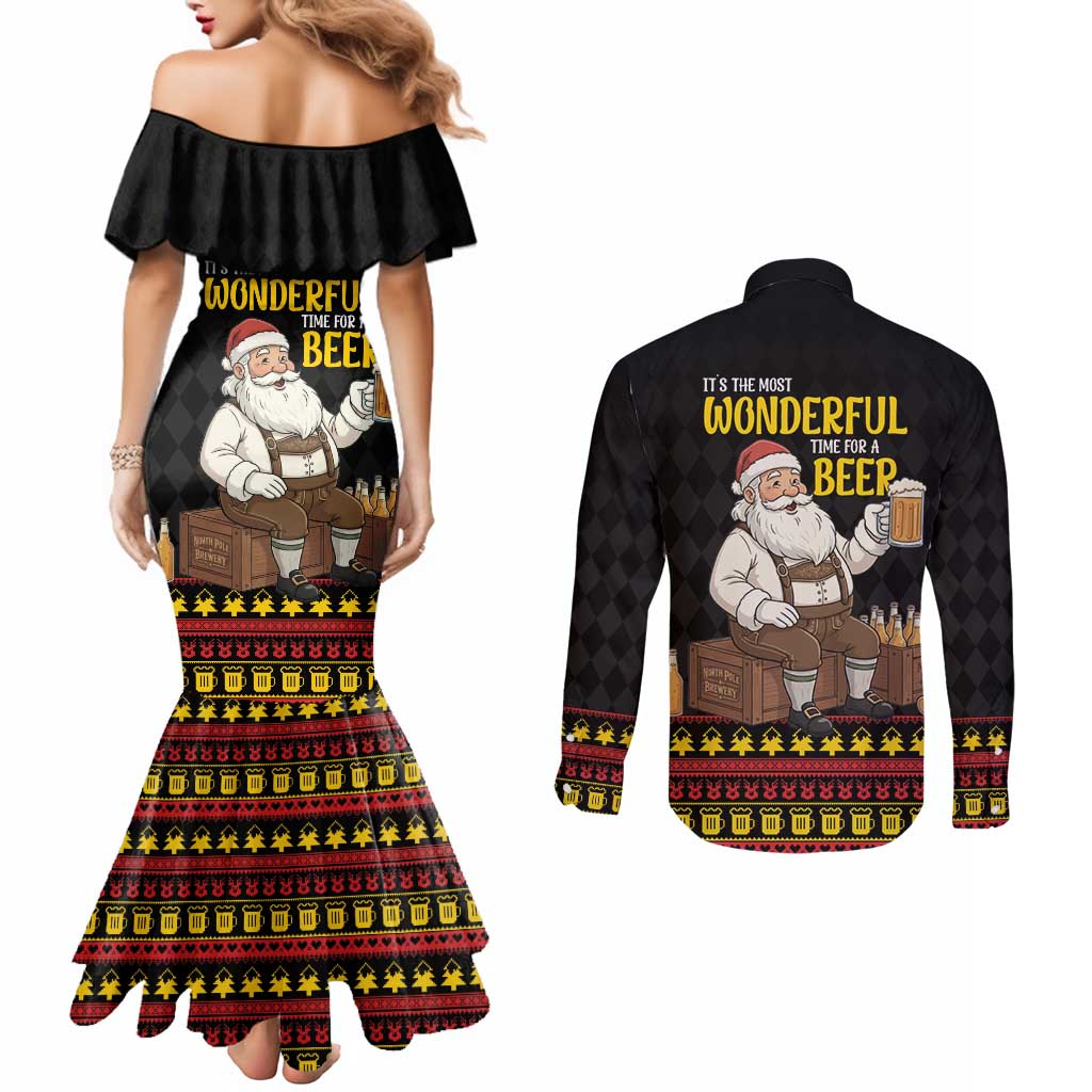 Funny Santa Claus Couples Matching Mermaid Dress and Long Sleeve Button Shirt It's The Most Wonderful Time For A Beer - Wonder Print Shop