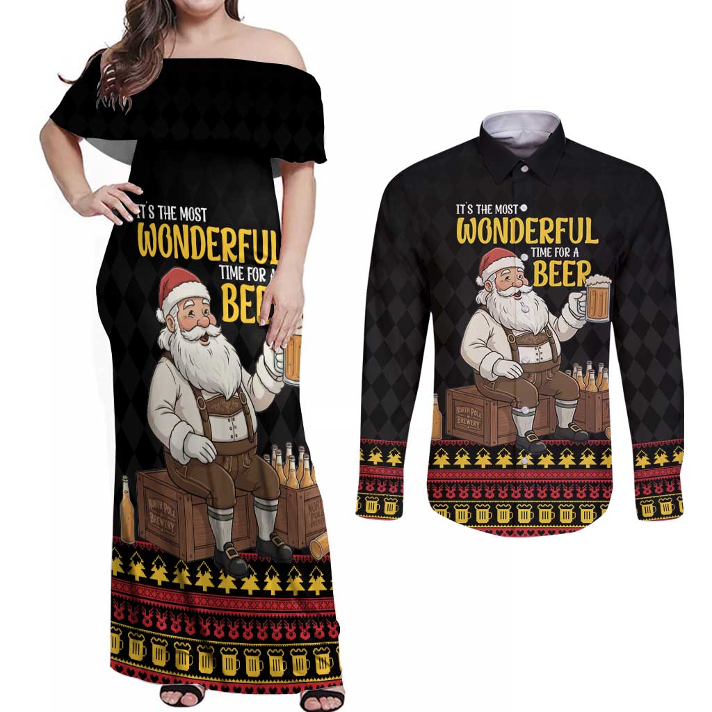 Funny Santa Claus Couples Matching Off Shoulder Maxi Dress and Long Sleeve Button Shirt It's The Most Wonderful Time For A Beer - Wonder Print Shop