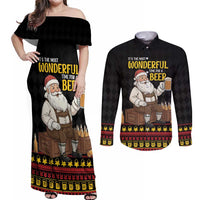 Funny Santa Claus Couples Matching Off Shoulder Maxi Dress and Long Sleeve Button Shirt It's The Most Wonderful Time For A Beer - Wonder Print Shop