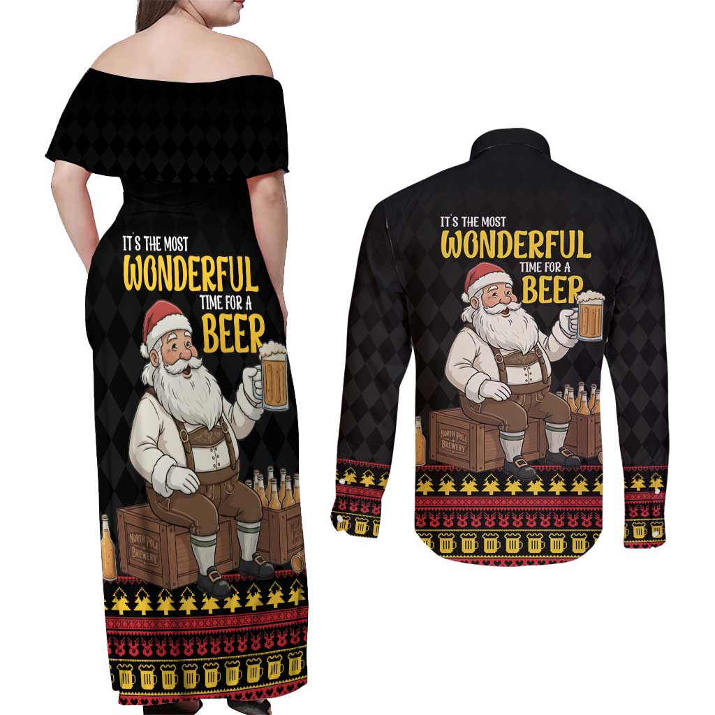 Funny Santa Claus Couples Matching Off Shoulder Maxi Dress and Long Sleeve Button Shirt It's The Most Wonderful Time For A Beer - Wonder Print Shop