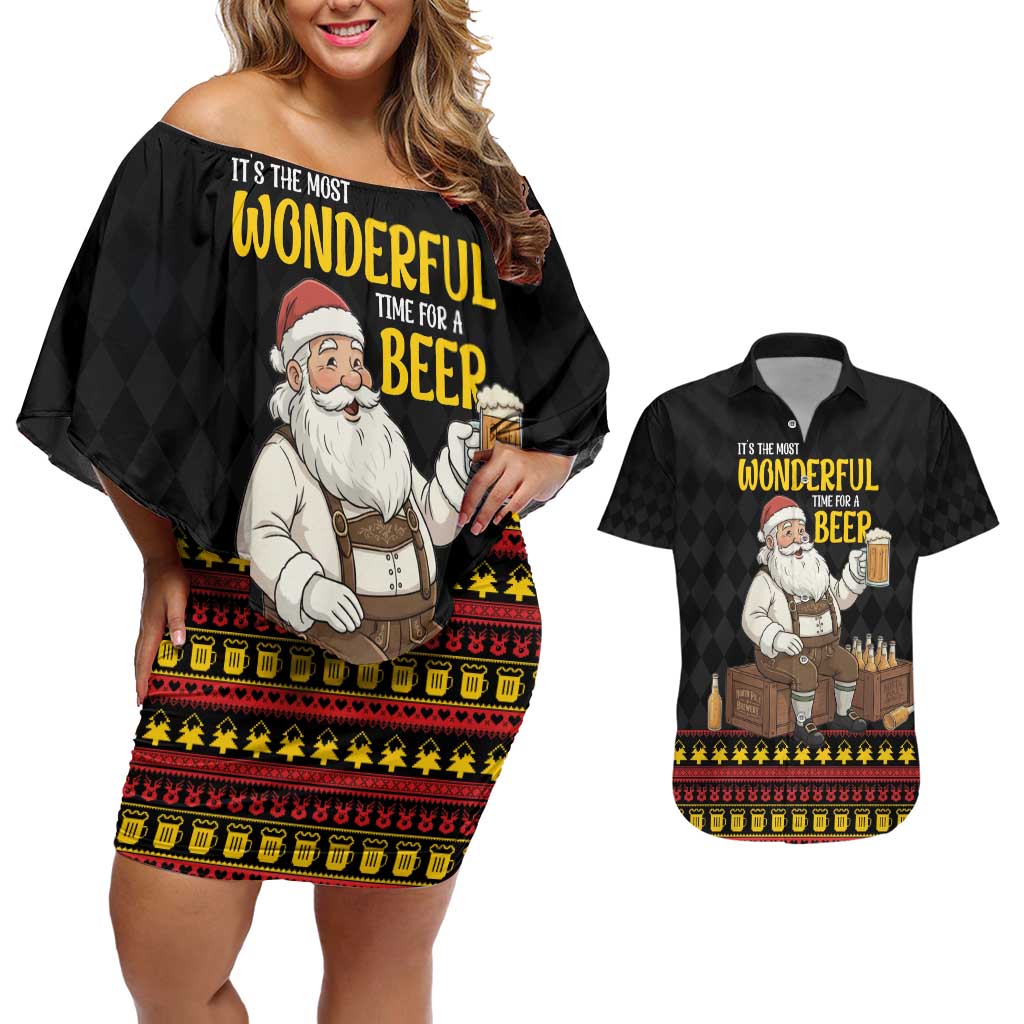 Funny Santa Claus Couples Matching Off Shoulder Short Dress and Hawaiian Shirt It's The Most Wonderful Time For A Beer - Wonder Print Shop