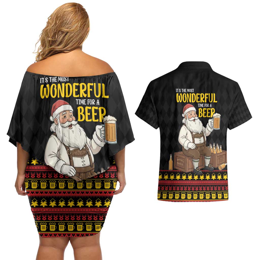 Funny Santa Claus Couples Matching Off Shoulder Short Dress and Hawaiian Shirt It's The Most Wonderful Time For A Beer - Wonder Print Shop