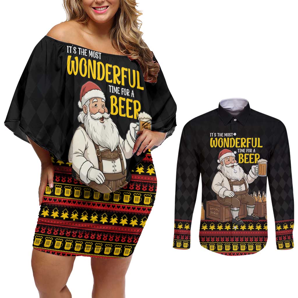 Funny Santa Claus Couples Matching Off Shoulder Short Dress and Long Sleeve Button Shirt It's The Most Wonderful Time For A Beer - Wonder Print Shop