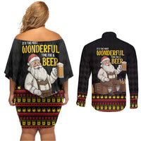 Funny Santa Claus Couples Matching Off Shoulder Short Dress and Long Sleeve Button Shirt It's The Most Wonderful Time For A Beer - Wonder Print Shop
