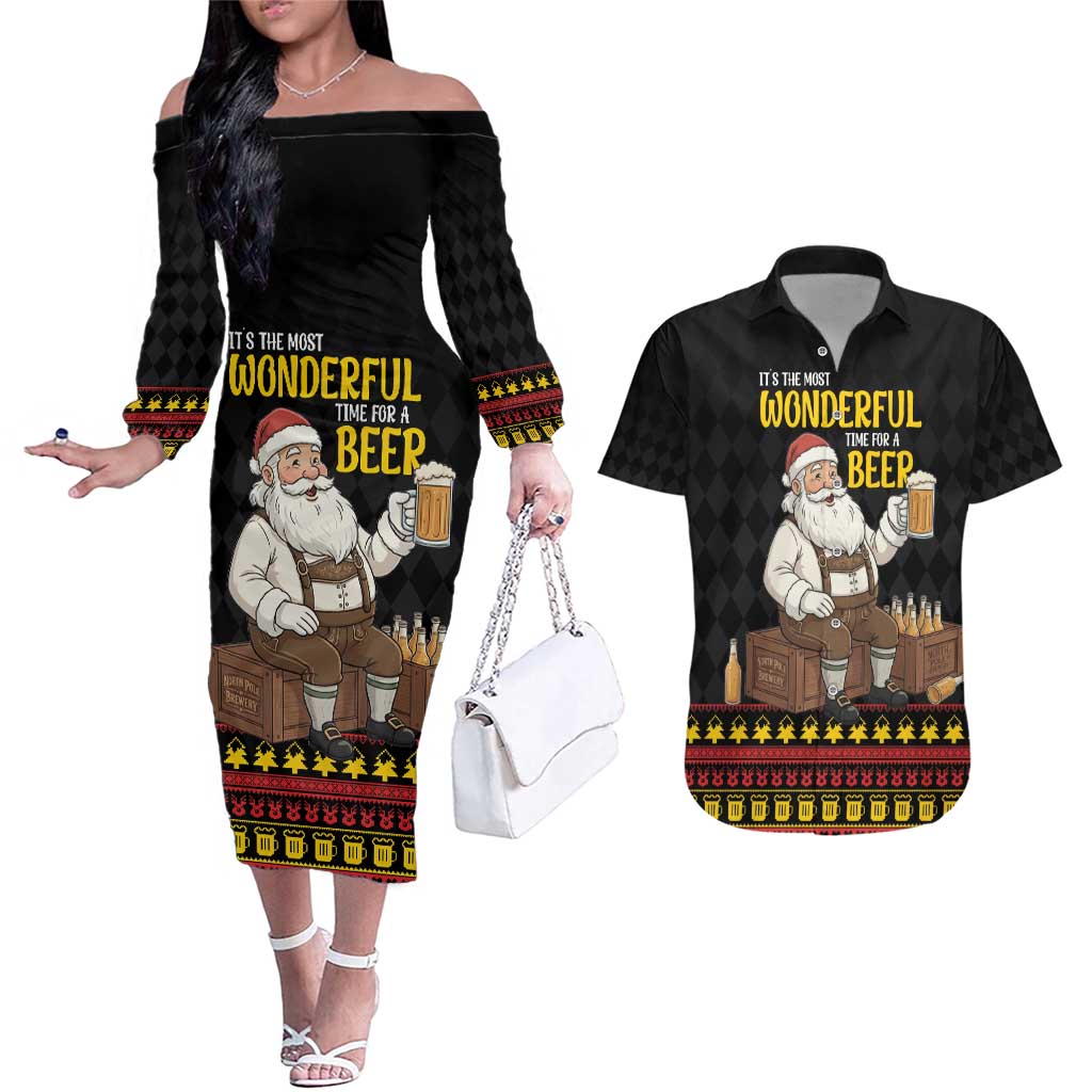 Funny Santa Claus Couples Matching Off The Shoulder Long Sleeve Dress and Hawaiian Shirt It's The Most Wonderful Time For A Beer - Wonder Print Shop