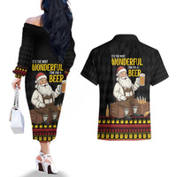 Funny Santa Claus Couples Matching Off The Shoulder Long Sleeve Dress and Hawaiian Shirt It's The Most Wonderful Time For A Beer - Wonder Print Shop