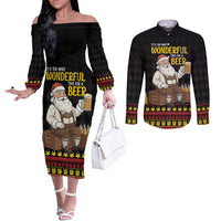 Funny Santa Claus Couples Matching Off The Shoulder Long Sleeve Dress and Long Sleeve Button Shirt It's The Most Wonderful Time For A Beer - Wonder Print Shop