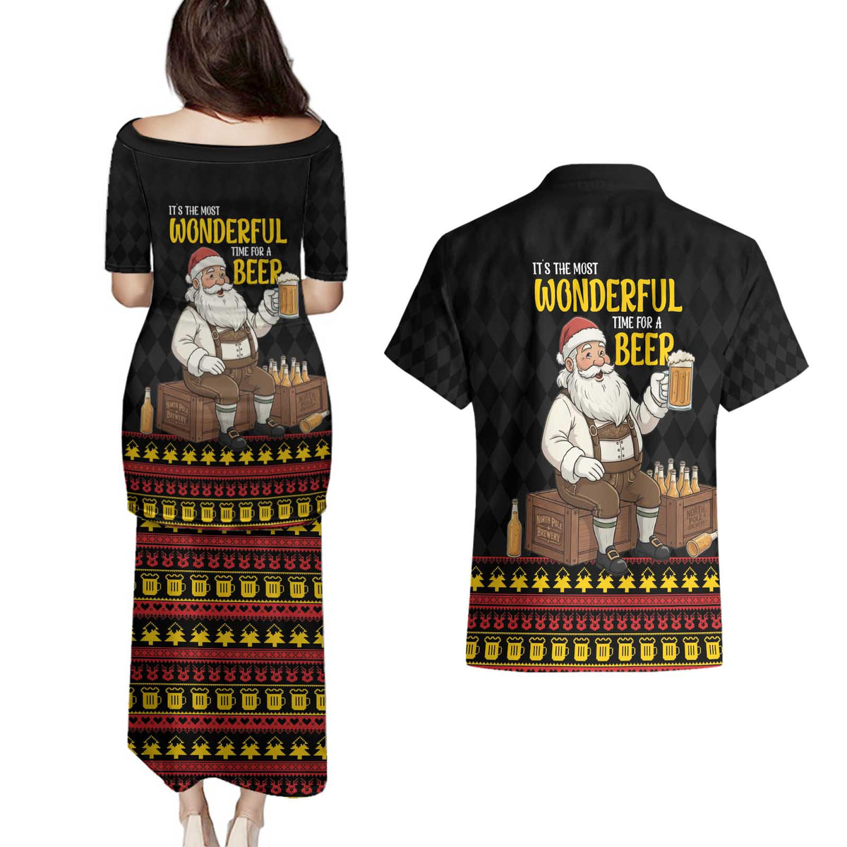 Funny Santa Claus Couples Matching Puletasi and Hawaiian Shirt It's The Most Wonderful Time For A Beer - Wonder Print Shop