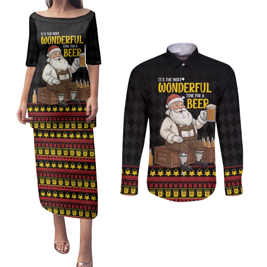 Funny Santa Claus Couples Matching Puletasi and Long Sleeve Button Shirt It's The Most Wonderful Time For A Beer - Wonder Print Shop