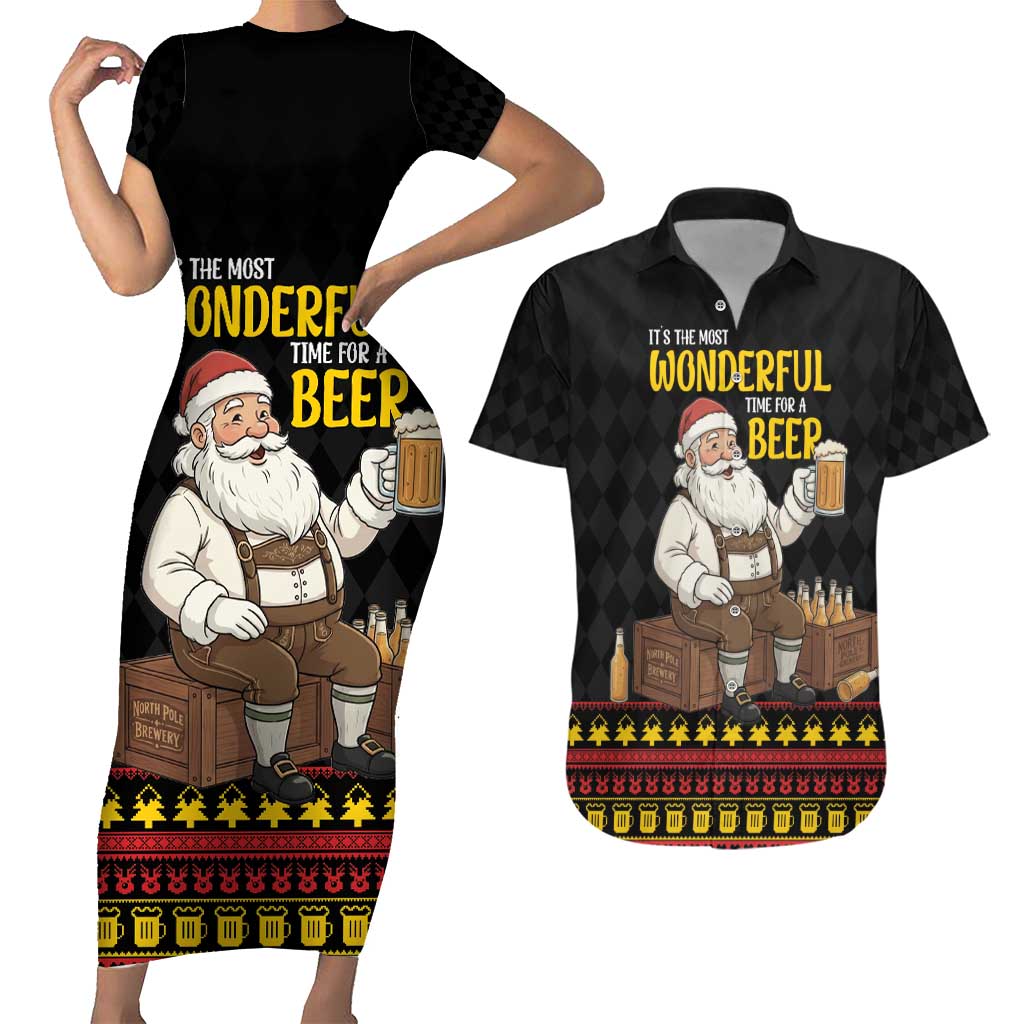 Funny Santa Claus Couples Matching Short Sleeve Bodycon Dress and Hawaiian Shirt It's The Most Wonderful Time For A Beer - Wonder Print Shop