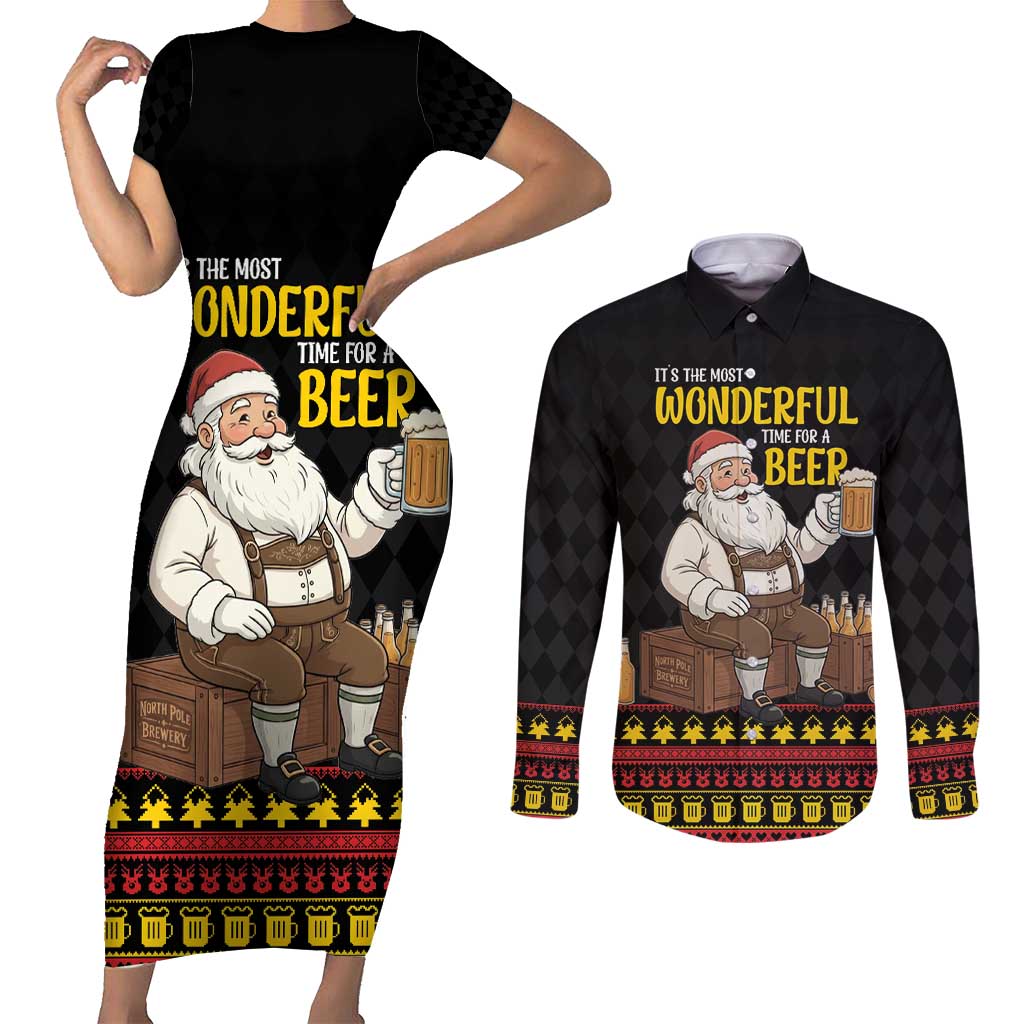 Funny Santa Claus Couples Matching Short Sleeve Bodycon Dress and Long Sleeve Button Shirt It's The Most Wonderful Time For A Beer - Wonder Print Shop