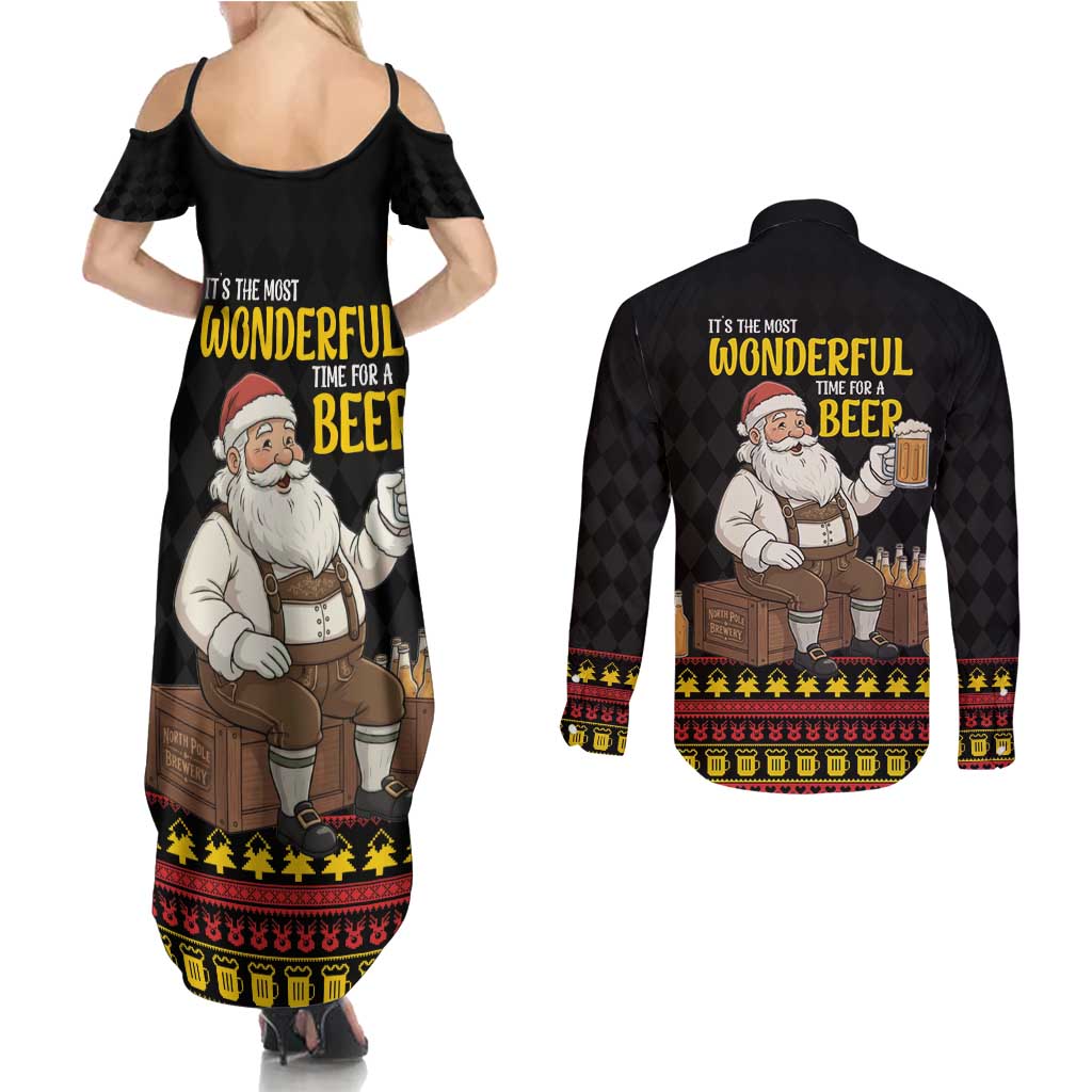 Funny Santa Claus Couples Matching Summer Maxi Dress and Long Sleeve Button Shirt It's The Most Wonderful Time For A Beer - Wonder Print Shop