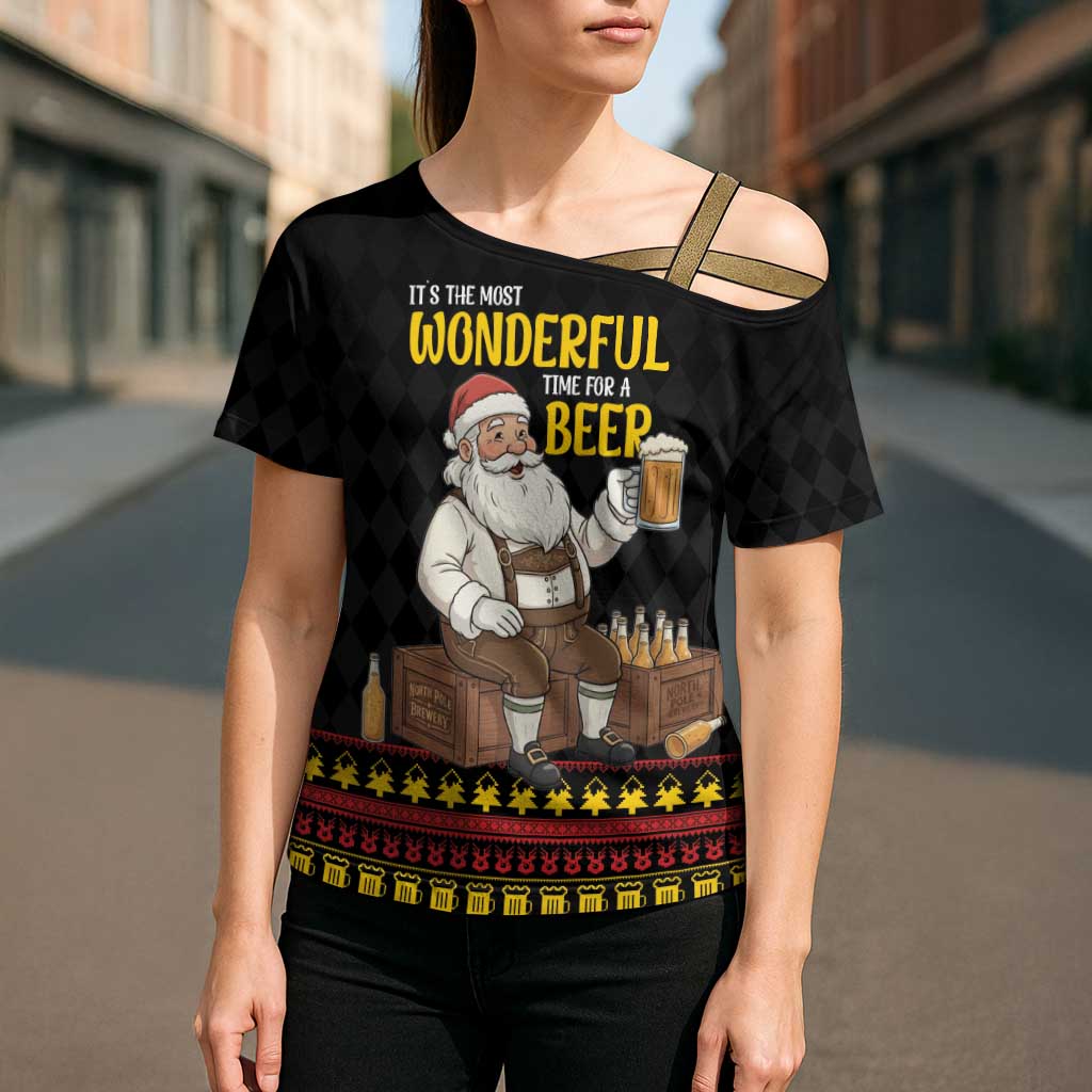 Funny Santa Claus Cross Shoulder Shirt It's The Most Wonderful Time For A Beer - Wonder Print Shop