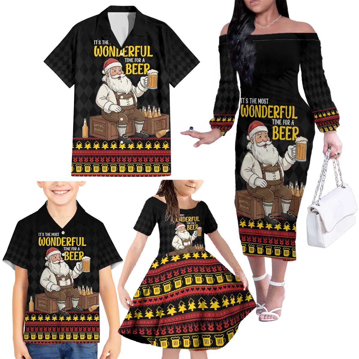 Funny Santa Claus Family Matching Off The Shoulder Long Sleeve Dress and Hawaiian Shirt It's The Most Wonderful Time For A Beer - Wonder Print Shop