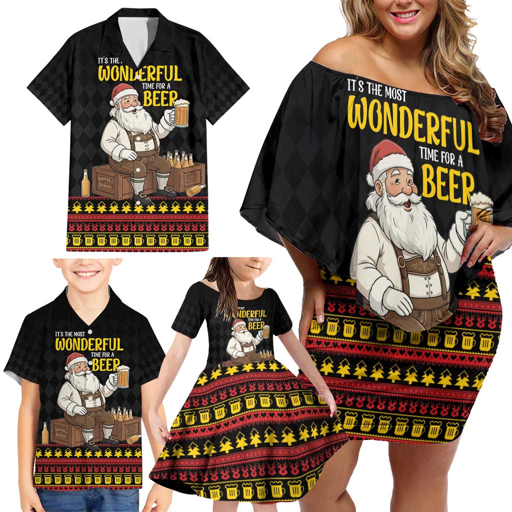 Funny Santa Claus Family Matching Off Shoulder Short Dress and Hawaiian Shirt It's The Most Wonderful Time For A Beer - Wonder Print Shop