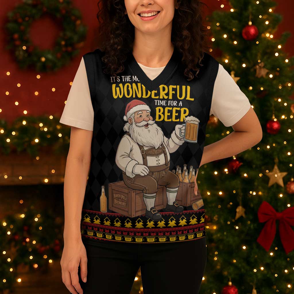 Funny Santa Claus Christmas Knitted V-Neck Vest It's The Most Wonderful Time For A Beer - Wonder Print Shop