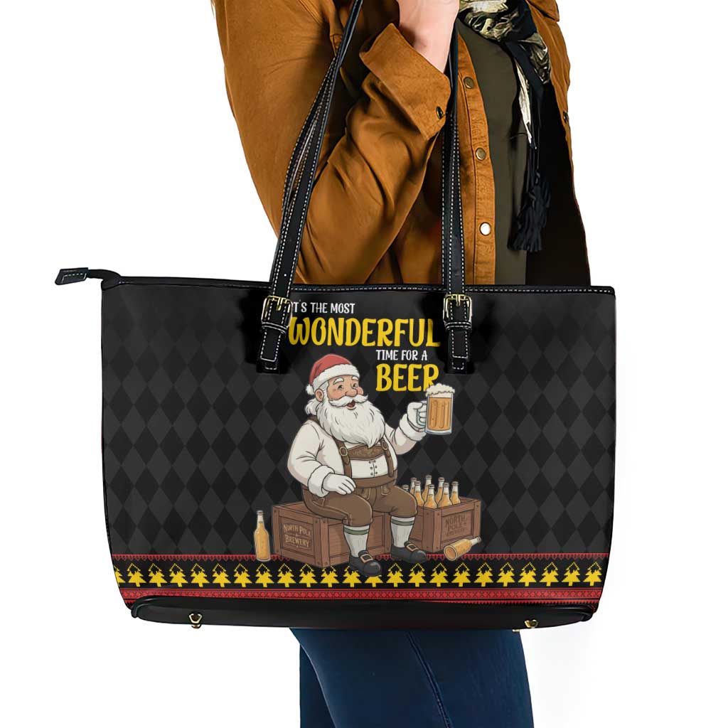 Funny Santa Claus Leather Tote Bag It's The Most Wonderful Time For A Beer - Wonder Print Shop