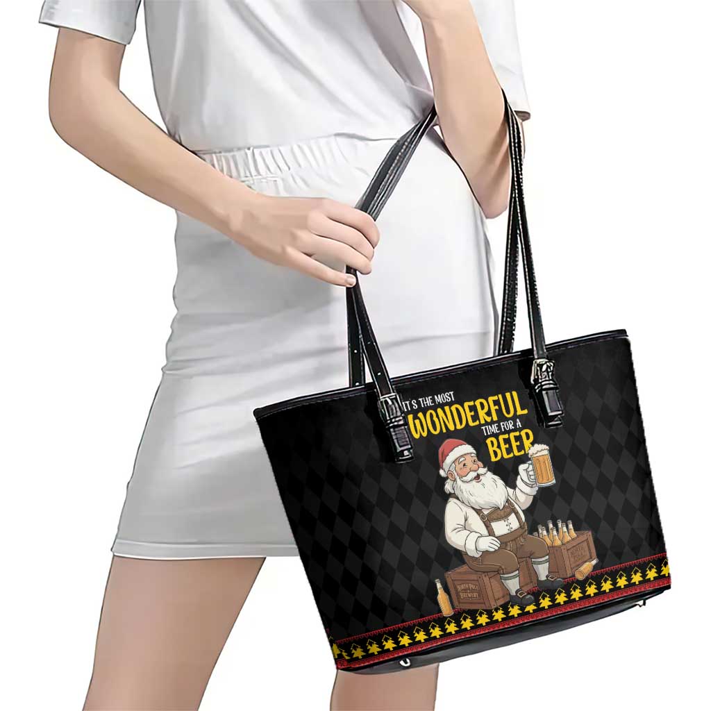 Funny Santa Claus Leather Tote Bag It's The Most Wonderful Time For A Beer - Wonder Print Shop