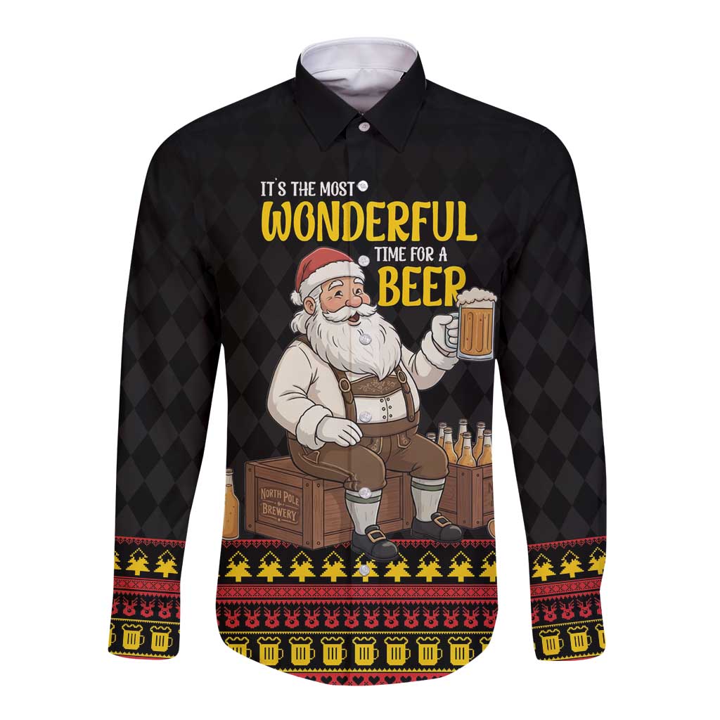 Funny Santa Claus Long Sleeve Button Shirt It's The Most Wonderful Time For A Beer - Wonder Print Shop