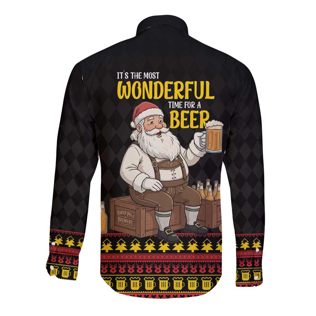 Funny Santa Claus Long Sleeve Button Shirt It's The Most Wonderful Time For A Beer - Wonder Print Shop