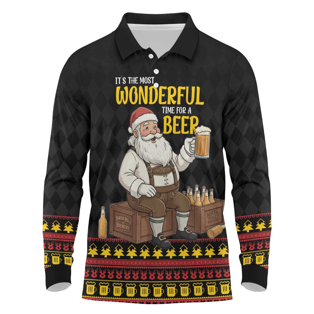 Funny Santa Claus Long Sleeve Polo Shirt It's The Most Wonderful Time For A Beer - Wonder Print Shop