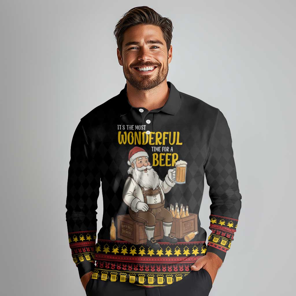 Funny Santa Claus Long Sleeve Polo Shirt It's The Most Wonderful Time For A Beer - Wonder Print Shop