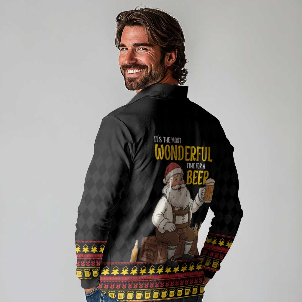 Funny Santa Claus Long Sleeve Polo Shirt It's The Most Wonderful Time For A Beer - Wonder Print Shop