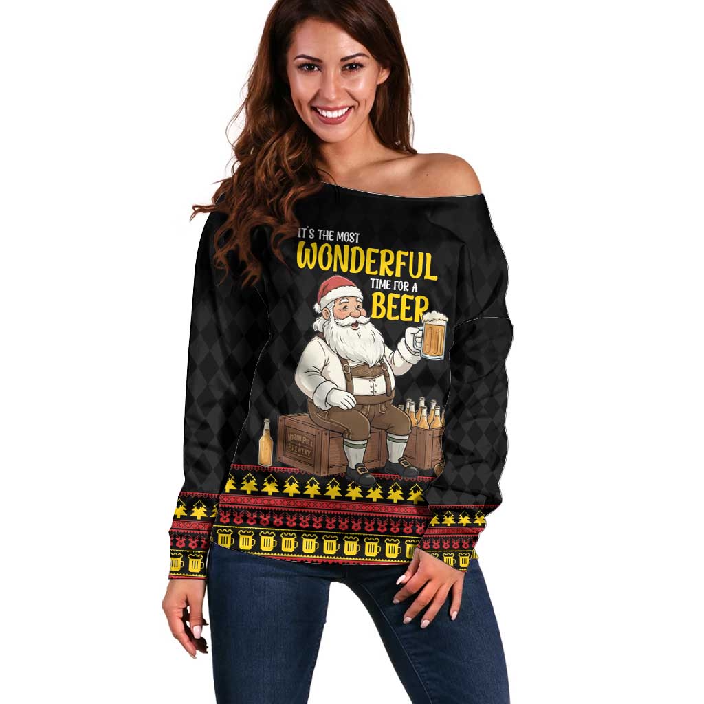 Funny Santa Claus Off Shoulder Sweater It's The Most Wonderful Time For A Beer - Wonder Print Shop