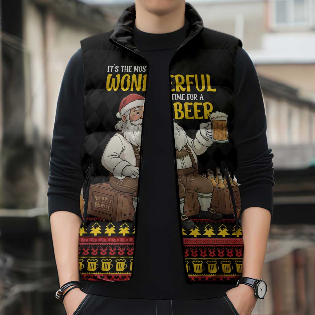Funny Santa Claus Sleeveless Puffer Jacket It's The Most Wonderful Time For A Beer - Wonder Print Shop